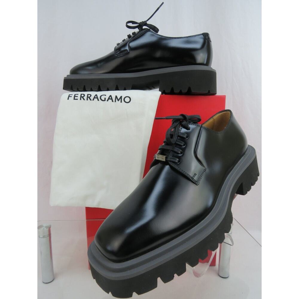 NIB FERRAGAMO FLICKER BLACK LEATHER LOGO PLATFORM LUG SOLE OXFORDS 9 M - Picture 7 of 13